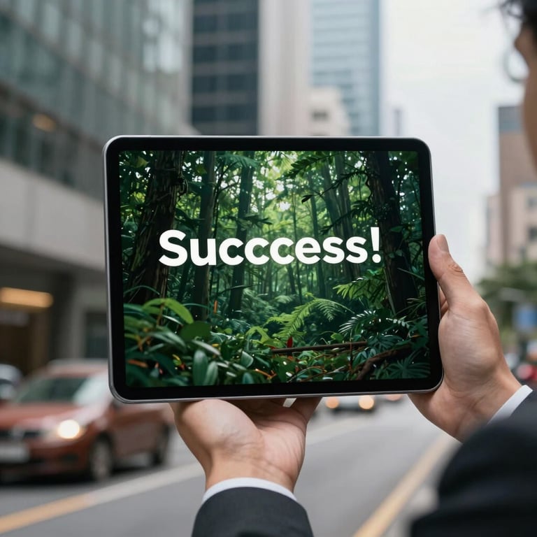 A digital tablet held by a professional in a Southeast Asian / Indonesian business district, showing a success message in a forest green interface.