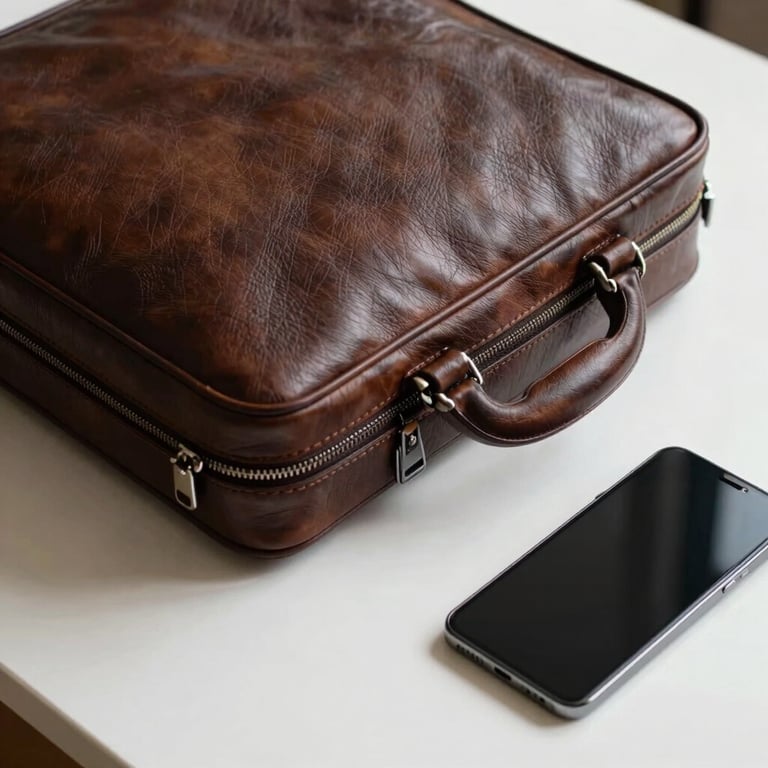 Detail of a premium leather briefcase and a modern smartphone on a pearl white desk.