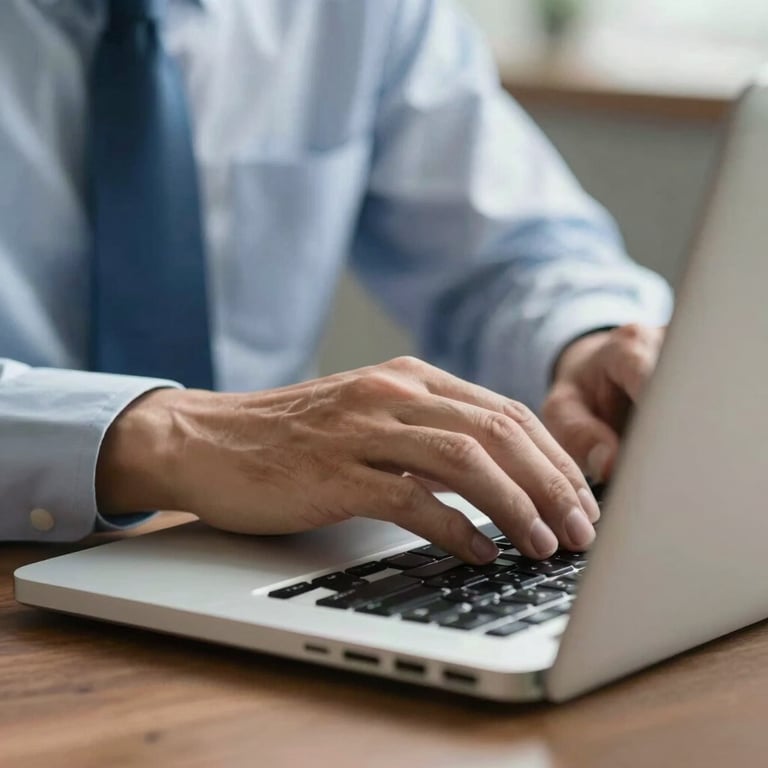 Close-up of a consultant's hands typing on a laptop with a slate blue necktie visible.