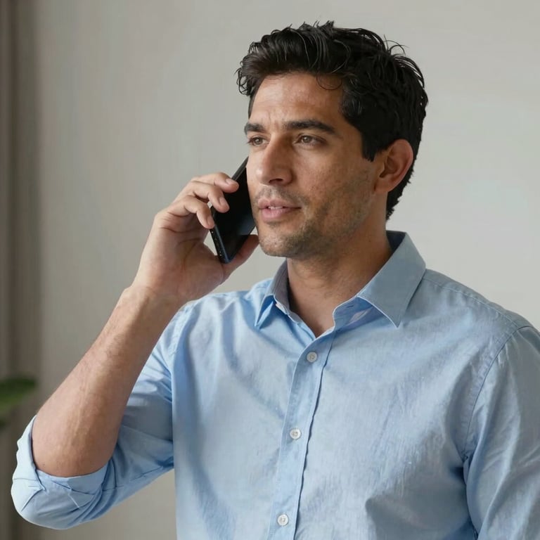 A stylish South American man in a sky blue shirt talking professionally on a sleek phone.