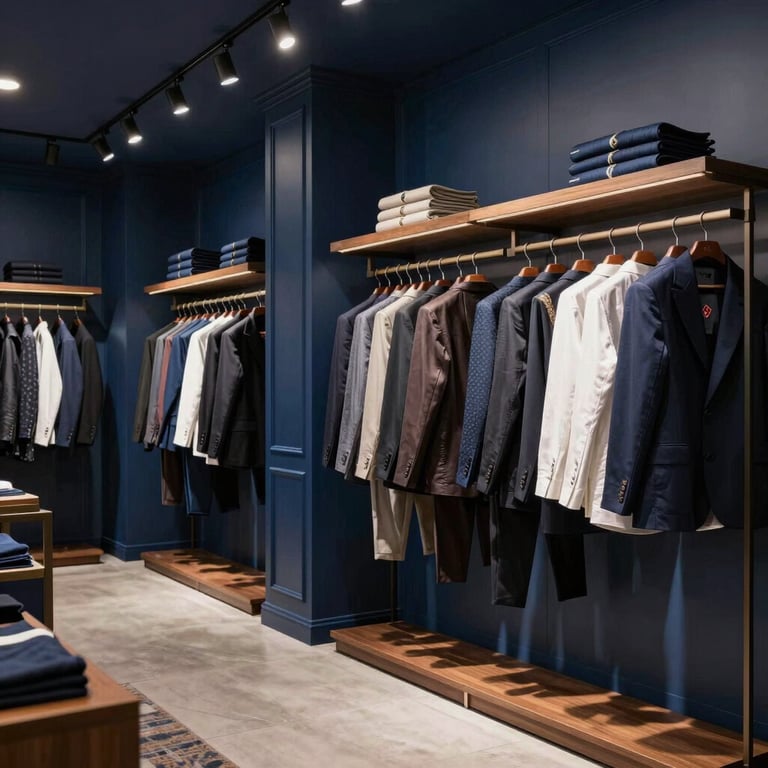 Interior of a high-end Brazilian menswear boutique with midnight blue accents.