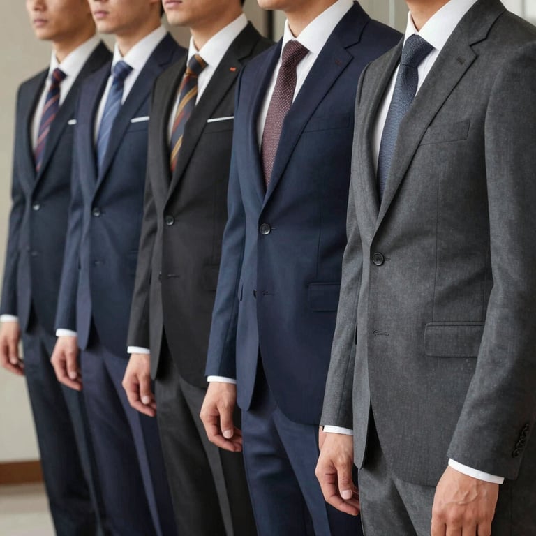 A row of perfectly tailored men's suits in various shades of navy and grey.
