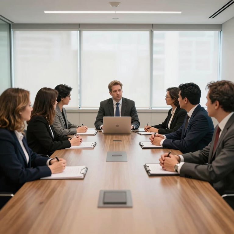 A group of well-dressed professionals in a bright, modern meeting room in São Paulo.