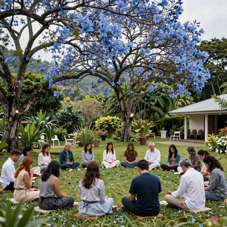 A peaceful prayer meeting in a serene garden in Costa Rica, surrounded by Pale Sky Blue blossoms and lush greenery.