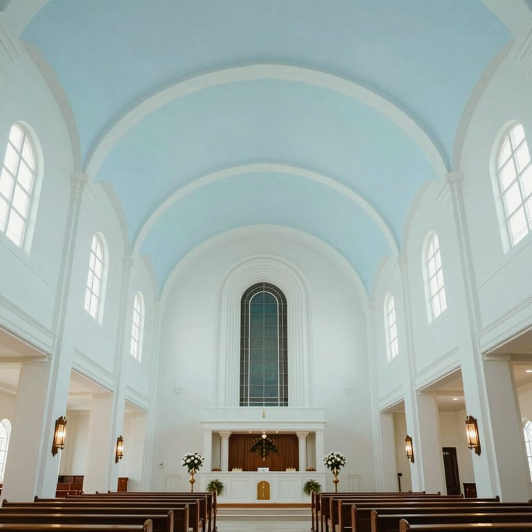Internal view of a bright, contemporary church sanctuary in Costa Rica, featuring clean lines and a peaceful Pale Sky Blue atmosphere.
