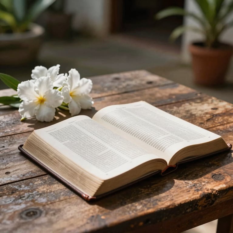 Close up of an open Bible on a rustic wooden table in a sunlit Central American / Costa Rican courtyard, Soft Cloud White flowers nearby.