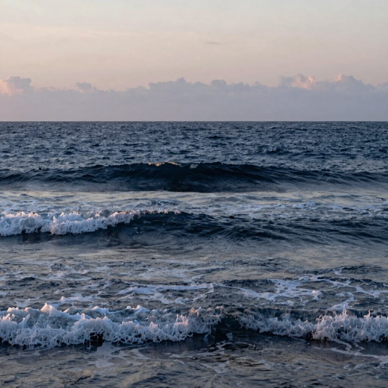 Beautiful coastline of Nosara at dawn, representing spiritual peace and new beginnings with Deep Navy Blue ocean waves.