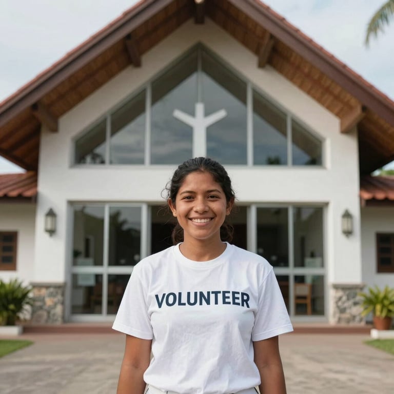 A welcoming volunteer with a kind smile at the entrance of a modern chapel in a Central American / Costa Rican coastal town.