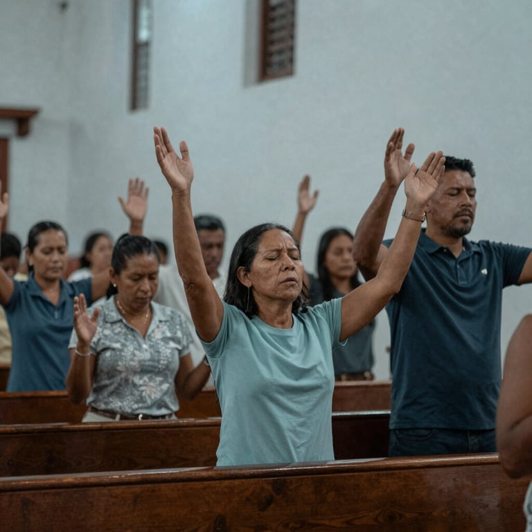 A group of people in a Central American / Costa Rican church hall, worshiping together with uplifted hands, soft Muted Steel Blue lighting.