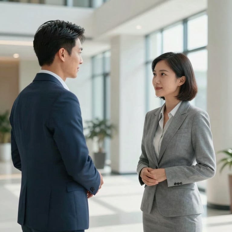 Two professionals in North American / US business attire in a brief, professional greeting in a bright lobby, muted blue and light gray tones.