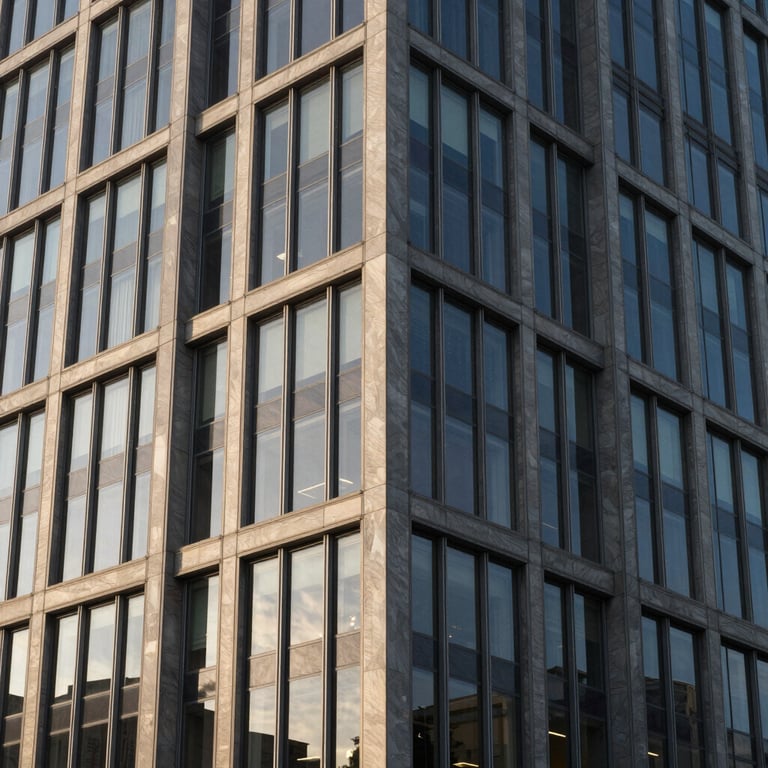 A North American / US corporate building exterior with glass and steel, morning light, dark slate grey and light gray tones.