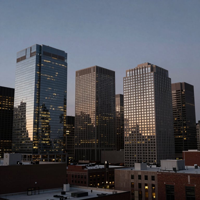 A wide shot of a North American / US city business district at dusk, lights reflecting in glass buildings, dark slate grey and muted blue sky.