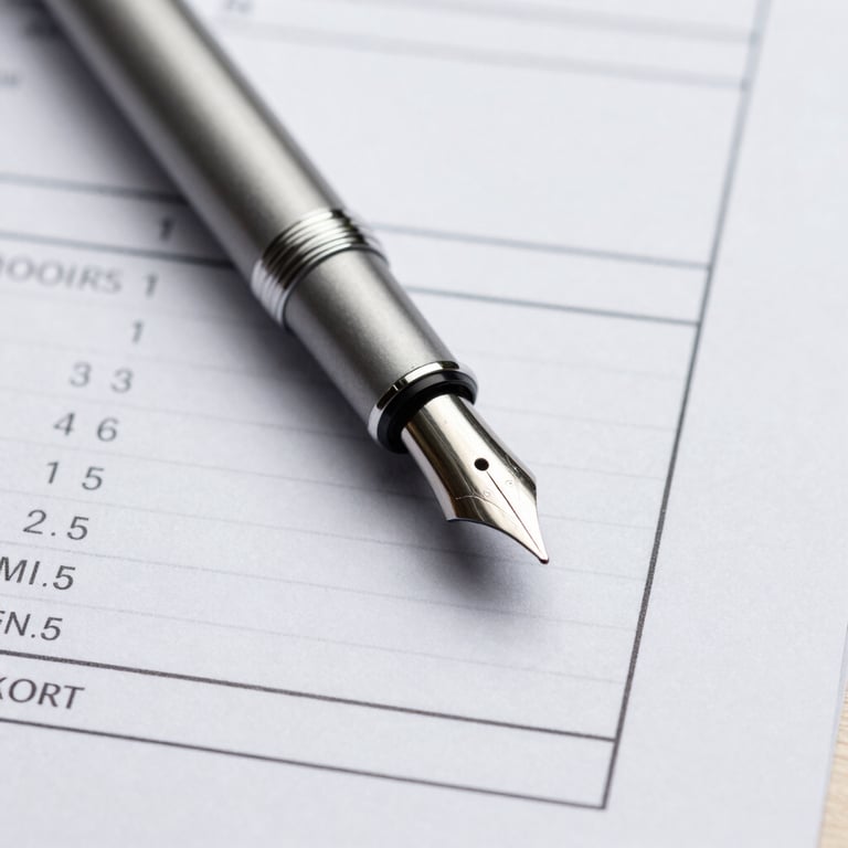 Detail of a fountain pen resting on a clean financial report in a North American / US office, sharp focus, light gray and dark slate grey colors.