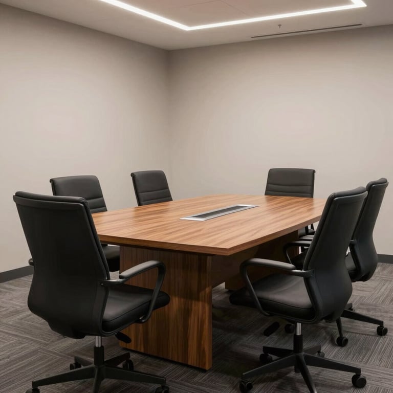 A modern North American / US conference room with a large wooden table and ergonomic chairs, professional and sober lighting.