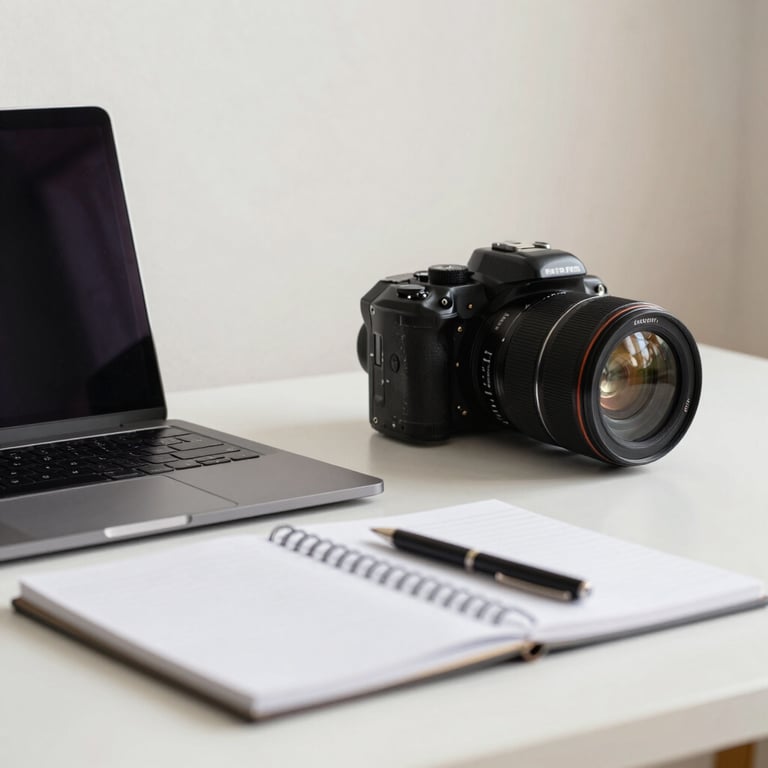 A professional workspace in North America / US with a clean desk, a laptop, and a notepad, soft off-white background and natural lighting.
