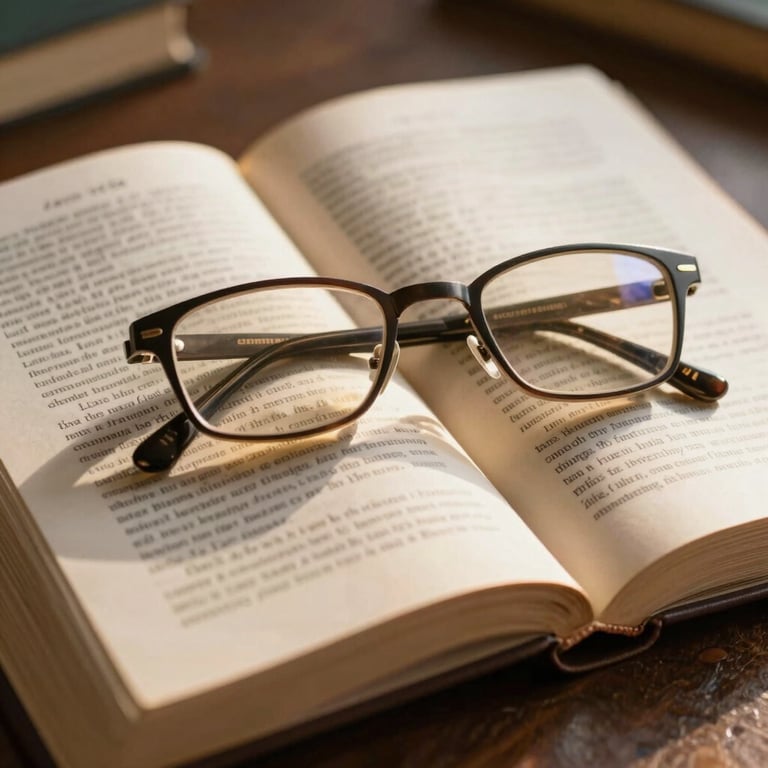 An open law book with a pair of reading glasses, soft golden hour lighting in a Southern European study.