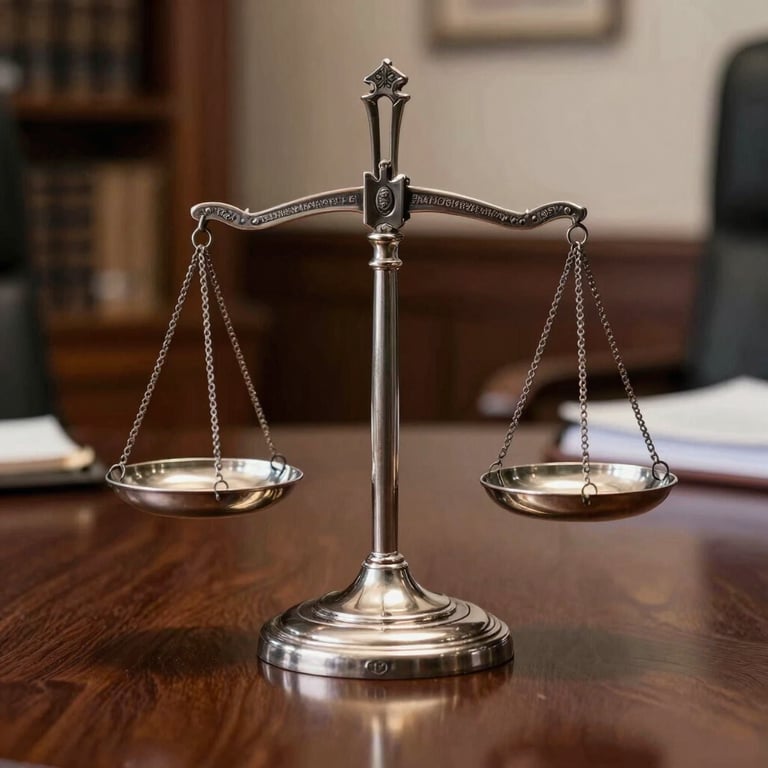 Close-up of a silver scale of justice on a polished dark mahogany table in a law firm.