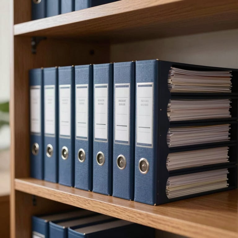 A stack of neatly organized legal folders on an elegant wooden shelf in a bright office.