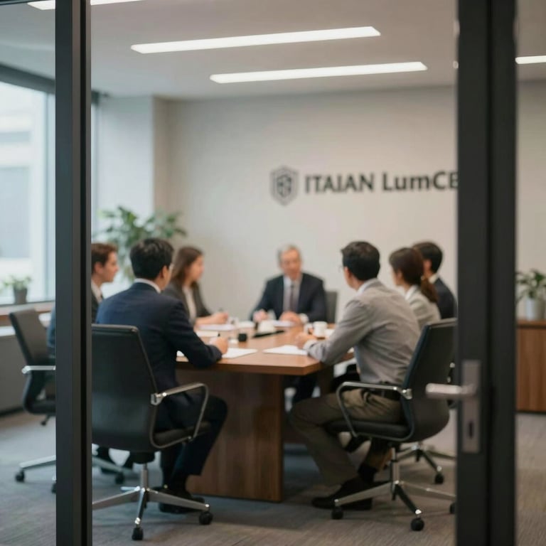 View through a glass office door showing a blurred, professional meeting room in an Italian legal practice.
