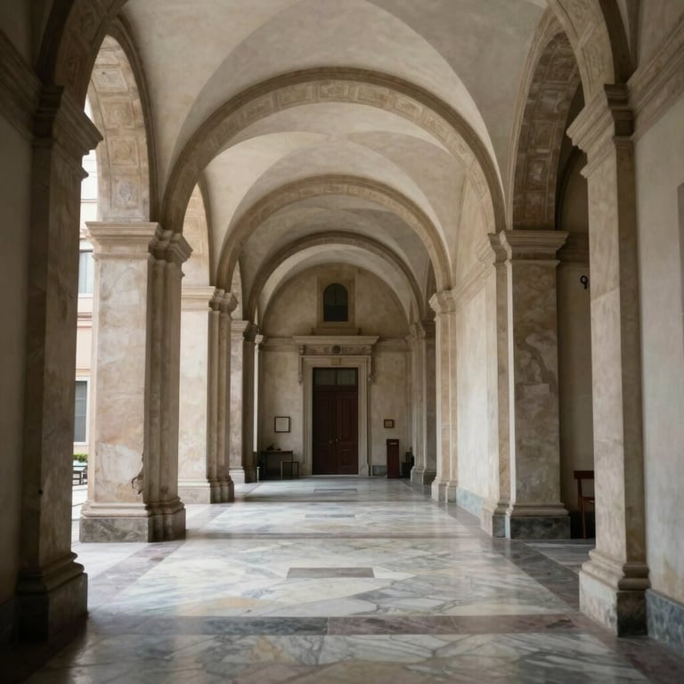 Photography of a classic Italian courthouse corridor with marble floors and arched ceilings, soft natural light.