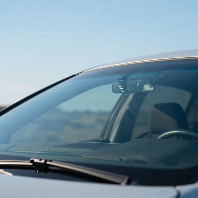 A perfectly clear vehicle windshield reflecting a bright, cloudless North American sky.