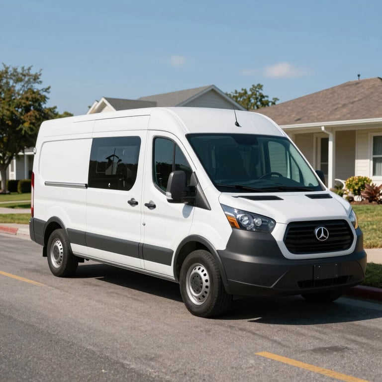 A branded mobile service van parked on a clean North American suburban street during a sunny day.