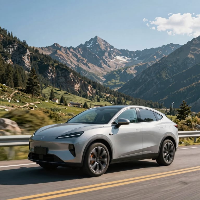 A modern car driving safely through a scenic North American mountain landscape with a crystal-clear view.