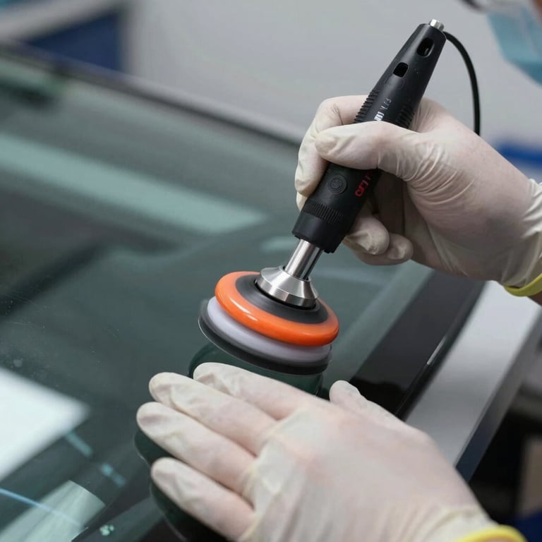 Close-up of a technician's hands in gloves using a professional glass polishing tool on a windshield.