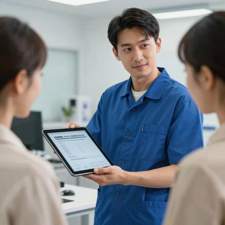A professional technician in a blue uniform presenting a quote on a digital tablet to a satisfied customer.