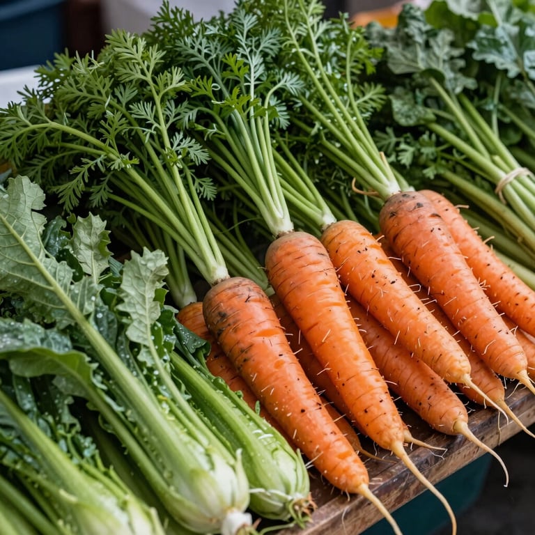 A rustic display of colorful organic carrots and leafy greens at an outdoor market stall in the US.