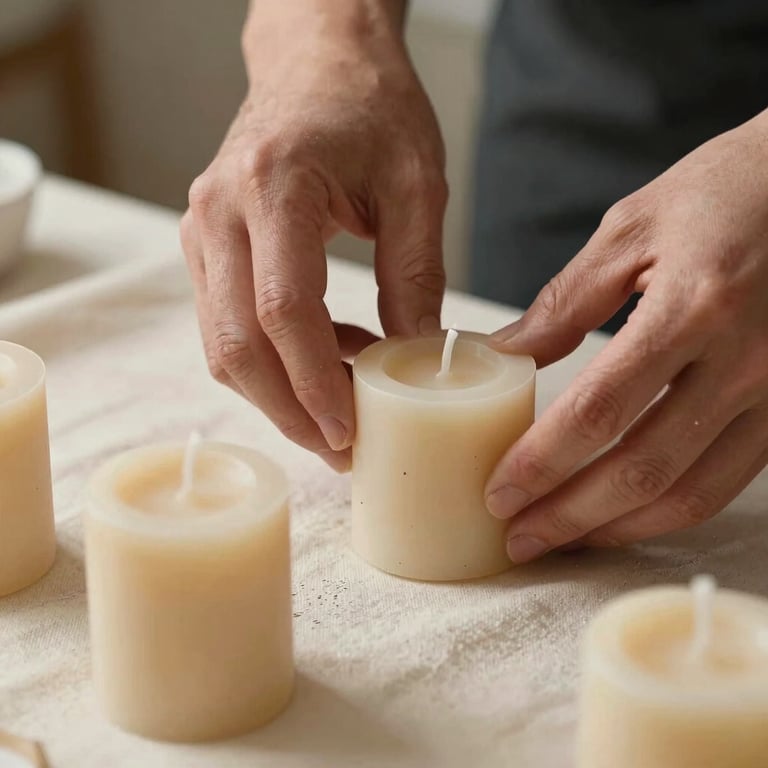A North American artisan's hands carefully arranging handmade beeswax candles on a cream colored cloth.