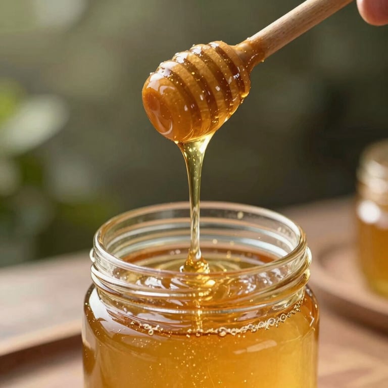 Golden honey being drizzled from a wooden dipper into a clear jar, soft afternoon sunlight.