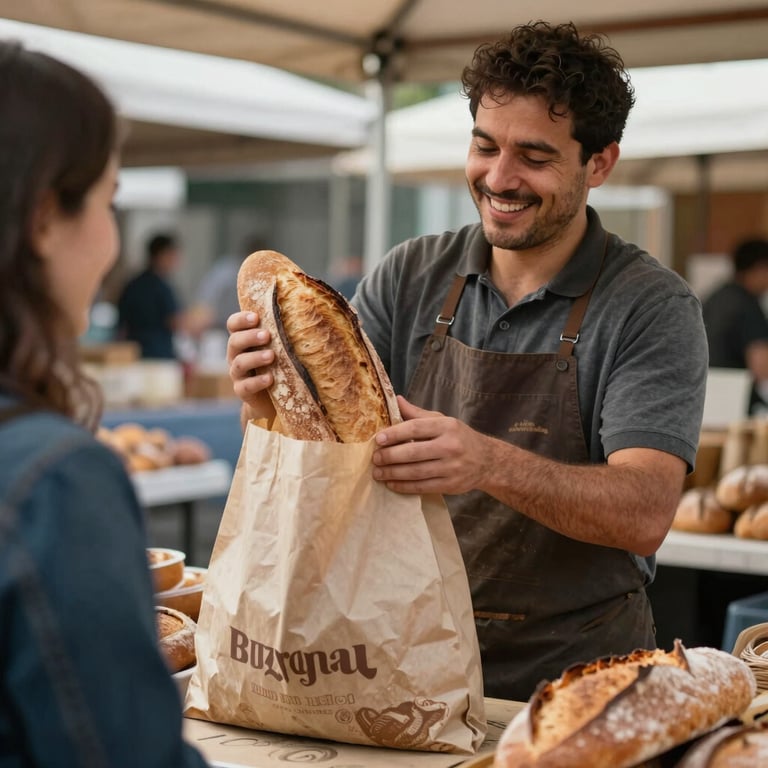 A vendor in a local market setting smiling while bagging fresh sourdough loaves for a customer.