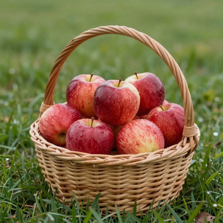A basket of freshly picked red apples sitting on a soft green grass field, North American setting.