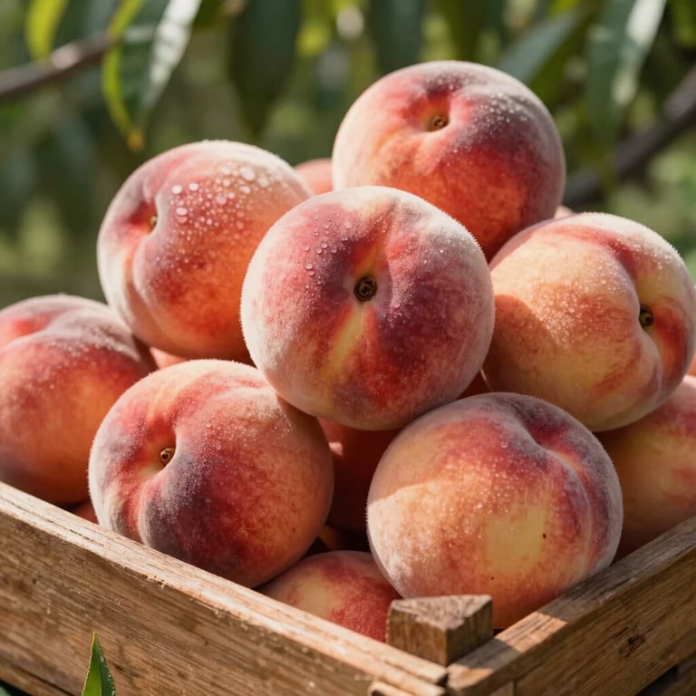A close-up of sun-ripened peaches in a rustic wooden crate, warm natural lighting, North American orchard style.
