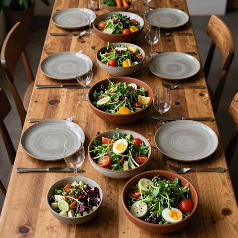 An overhead shot of a long communal wooden table set with fresh garden-to-table salads and earth brown pottery.