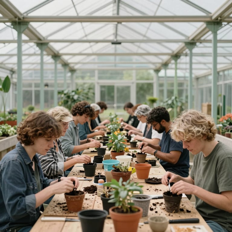 A wide shot of a community potting workshop inside a bright greenhouse with sage green structures.