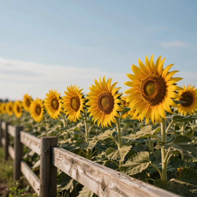 A row of vibrant sunflowers growing along a wooden fence under a clear North American sky.