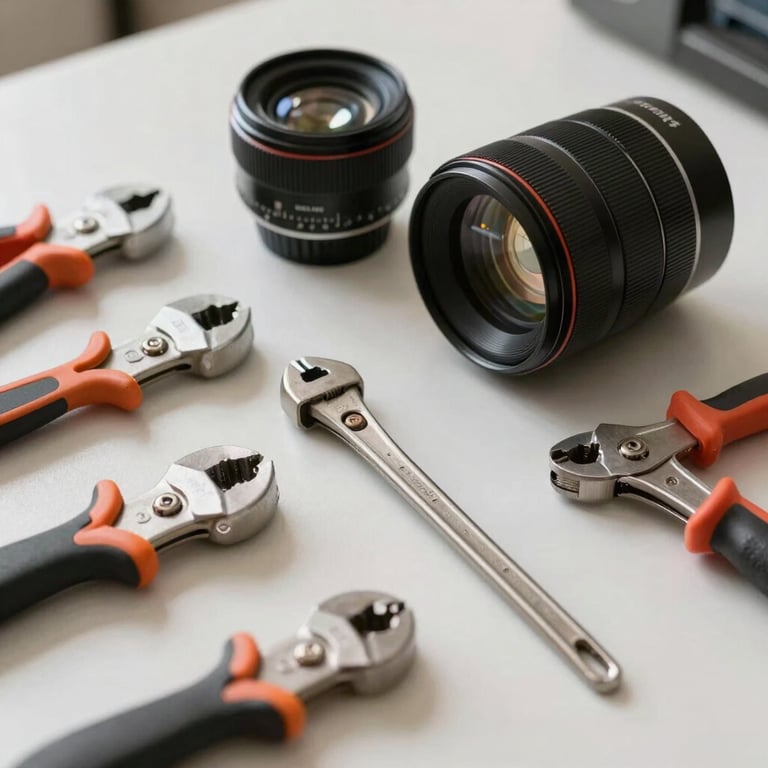 A set of high-quality HVAC maintenance tools organized on a clean off-white work surface.