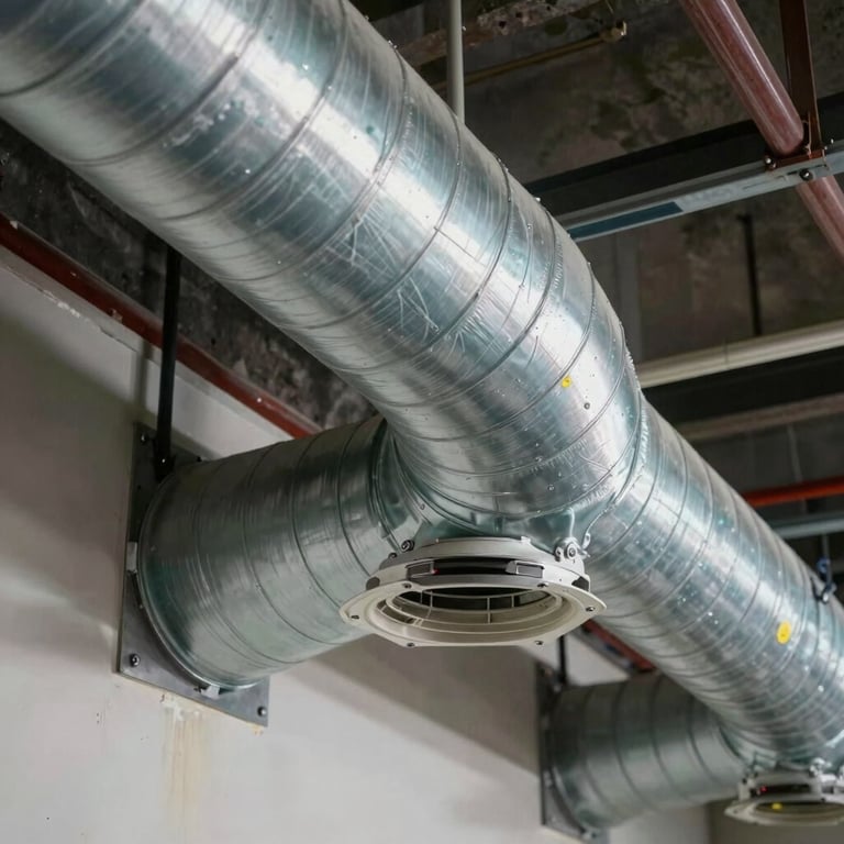 Detailed view of clean, professionally installed ventilation ducting in a North American / US utility space.