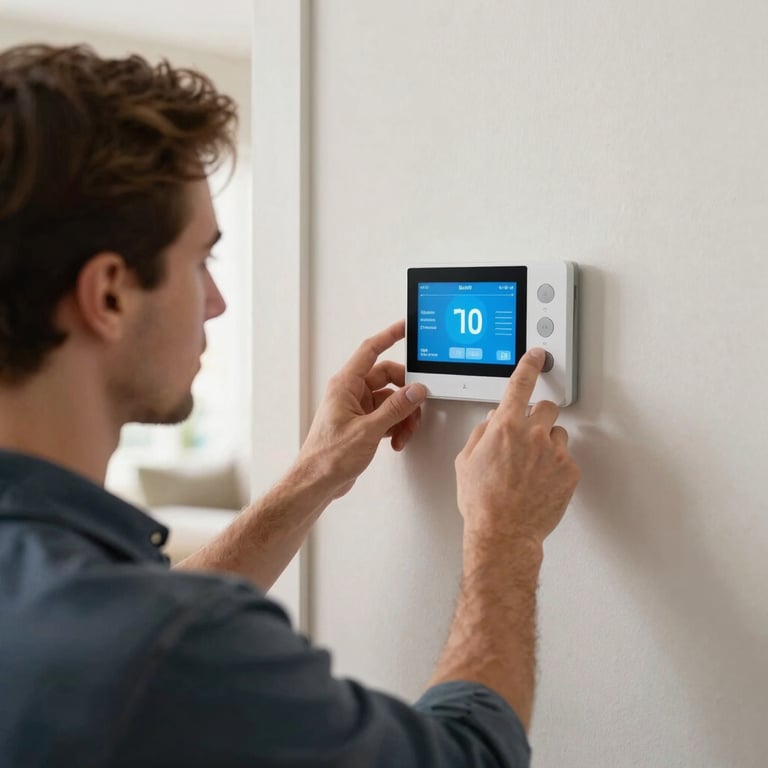 A technician adjusting a smart thermostat in a bright North American / US living room with off-white walls.