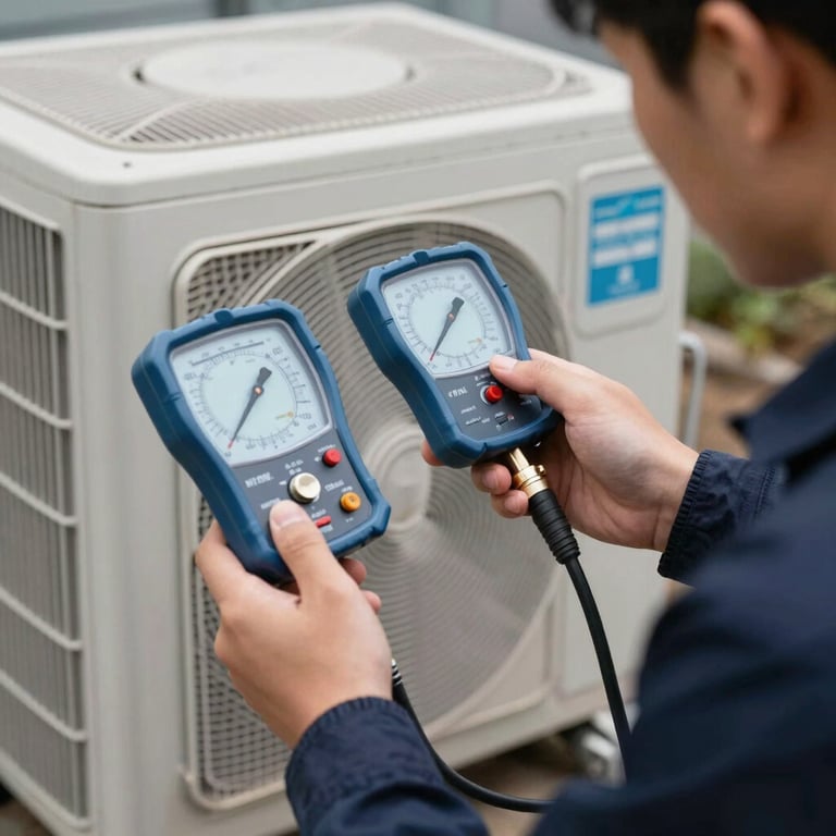 A technician using professional diagnostic gauges on an outdoor unit, featuring dark navy and steel blue accents.
