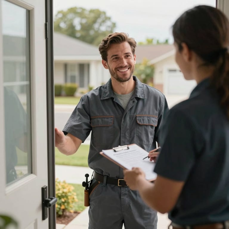 A friendly HVAC specialist greeting a client at their door in a professional North American / US neighborhood.