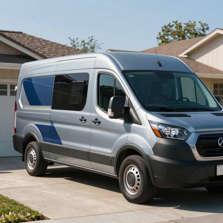 A service van with steel blue and dark navy branding parked in a sunny North American / US residential driveway.
