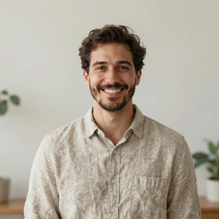 Unposed portrait of a professional male therapist in a neutral linen shirt, smiling warmly in a sunlit studio, soft diffused coastal light, shallow depth of field