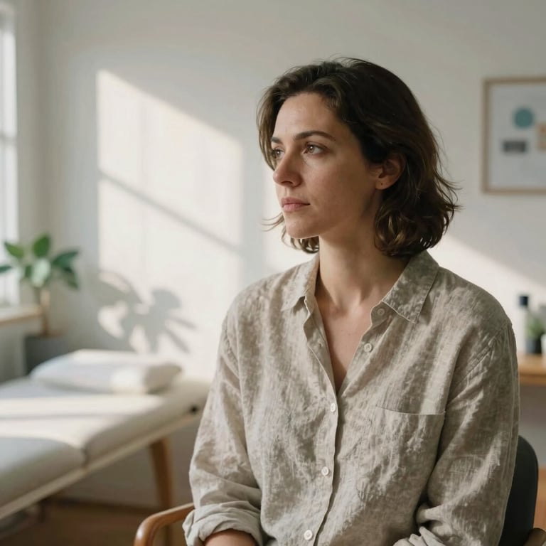 Unposed portrait of a professional female therapist in a neutral linen shirt, looking thoughtful in a sunlit treatment room, dappled window shadows, 35mm photography