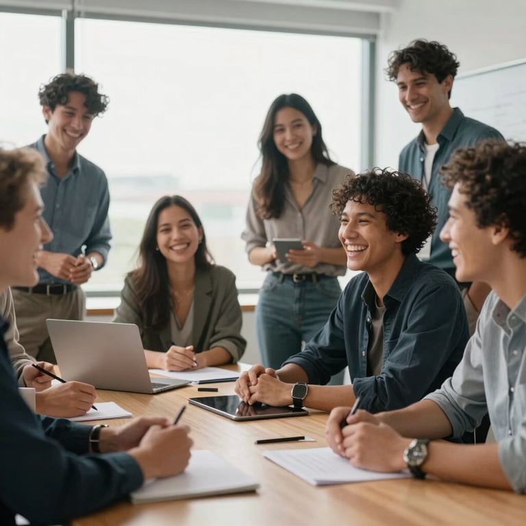 A group of diverse professionals in a bright meeting room, laughing during a creative brainstorming session, maintaining a collaborative and 'descontraído' mood.