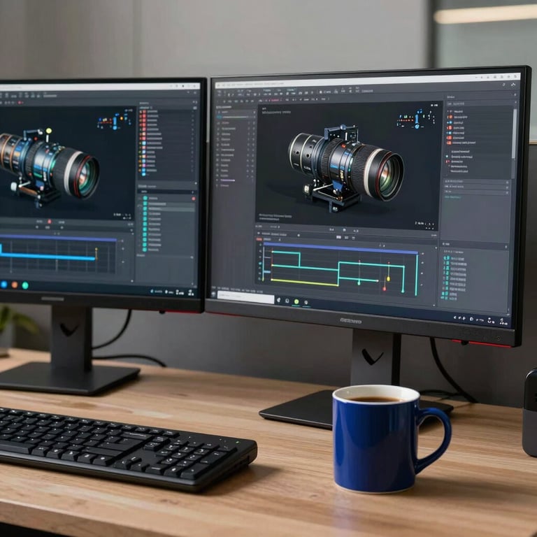 A modern office workstation featuring dual monitors with complex engineering software and a dark royal blue coffee mug.