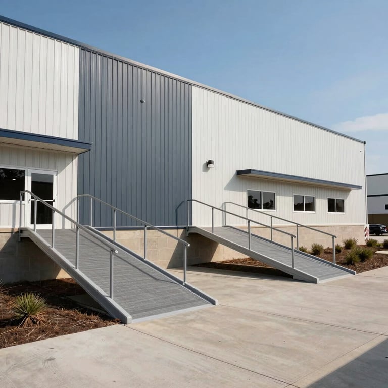 Exterior shot of a large commercial development featuring perfectly integrated accessibility ramps under a clear blue sky.