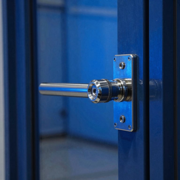Close-up of modern fire safety hardware installed on a sleek glass door, reflecting vibrant royal blue tones.